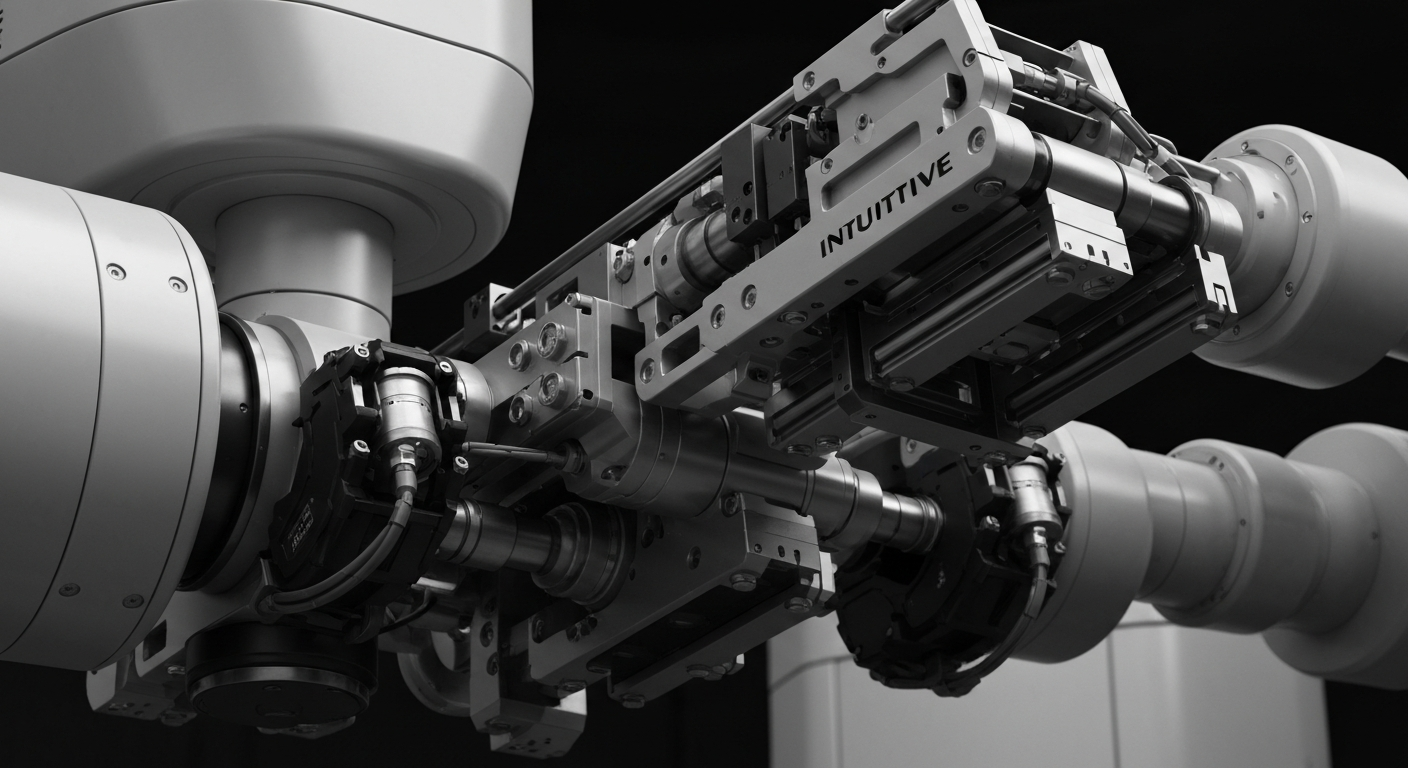 A high-contrast, close-up image of the inner mechanical components and sensors of an Intuitive Surgical robotic arm, conveying the industrial power and precision of the company's medical technology.