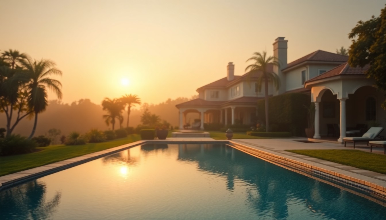 A blurred, dreamlike photograph depicting a serene backyard with a swimming pool, lush greenery, and the faint outline of a luxury home, conveying the tranquil and picturesque setting of this Loomis property.