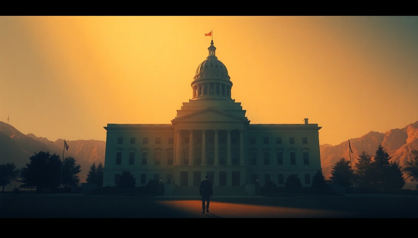A cinematic painting of a solitary Nevada state capitol building bathed in warm, diagonal sunlight and deep shadows, with a lone figure standing in the foreground, conceptually representing the political tensions and divided loyalties facing the state's governor.