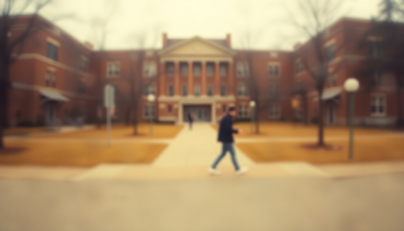 An abstract, out-of-focus photograph showing a blurred campus scene with a lone figure walking through the frame, conveying a sense of uncertainty and transition.