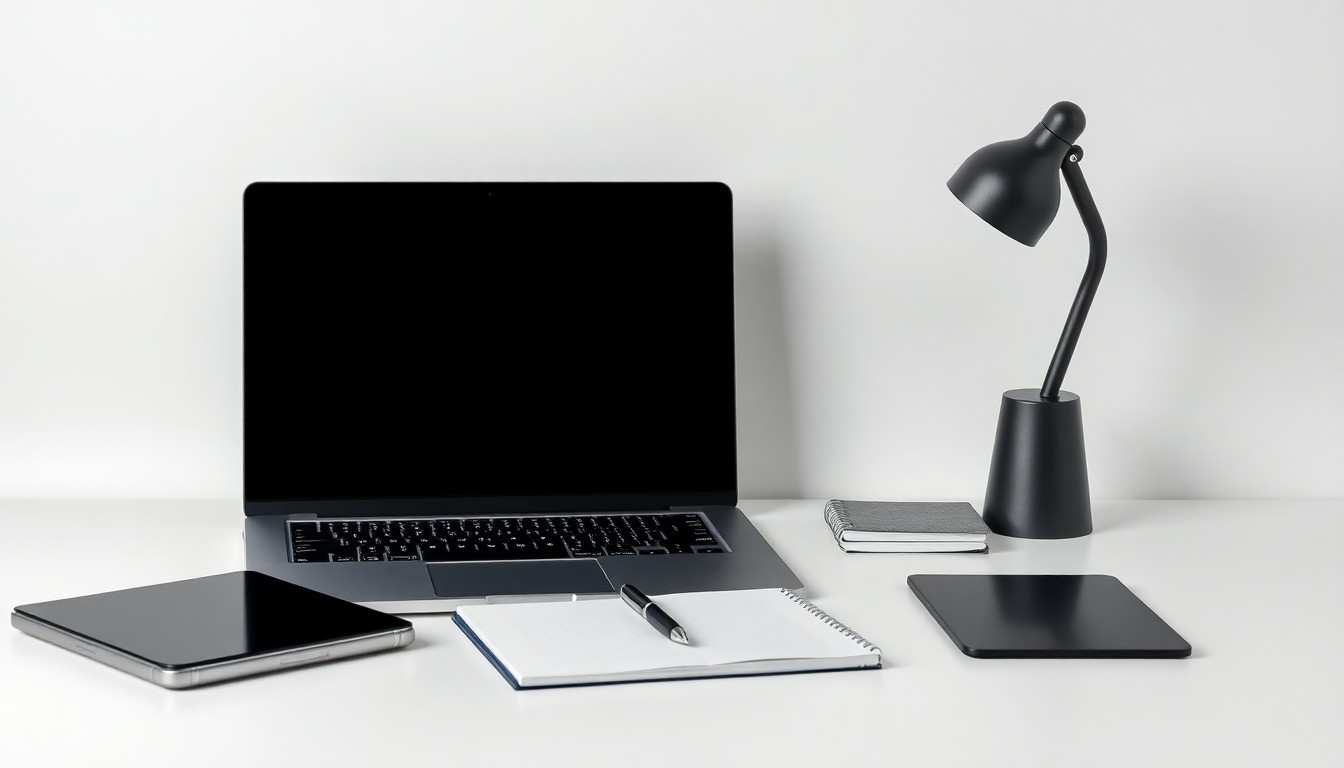 A minimalist studio photograph featuring a laptop, pen, and notepad elegantly arranged on a clean white background, symbolizing the tools of modern business leadership in an AI-driven world.