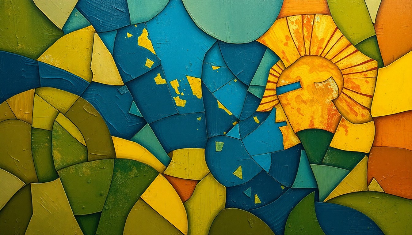 A dynamic, abstract painting in shades of green, ochre, and blue, with overlapping geometric shapes and fractured lines conveying the clash and conflict between the rival city-states of Athens and Sparta.