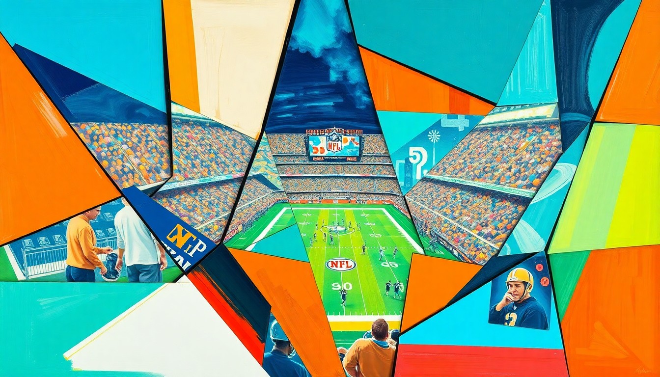 A fragmented, cubist-style painting depicting an abstract football game or draft scene, with sharp geometric shapes in bright aqua, orange, and green hues.