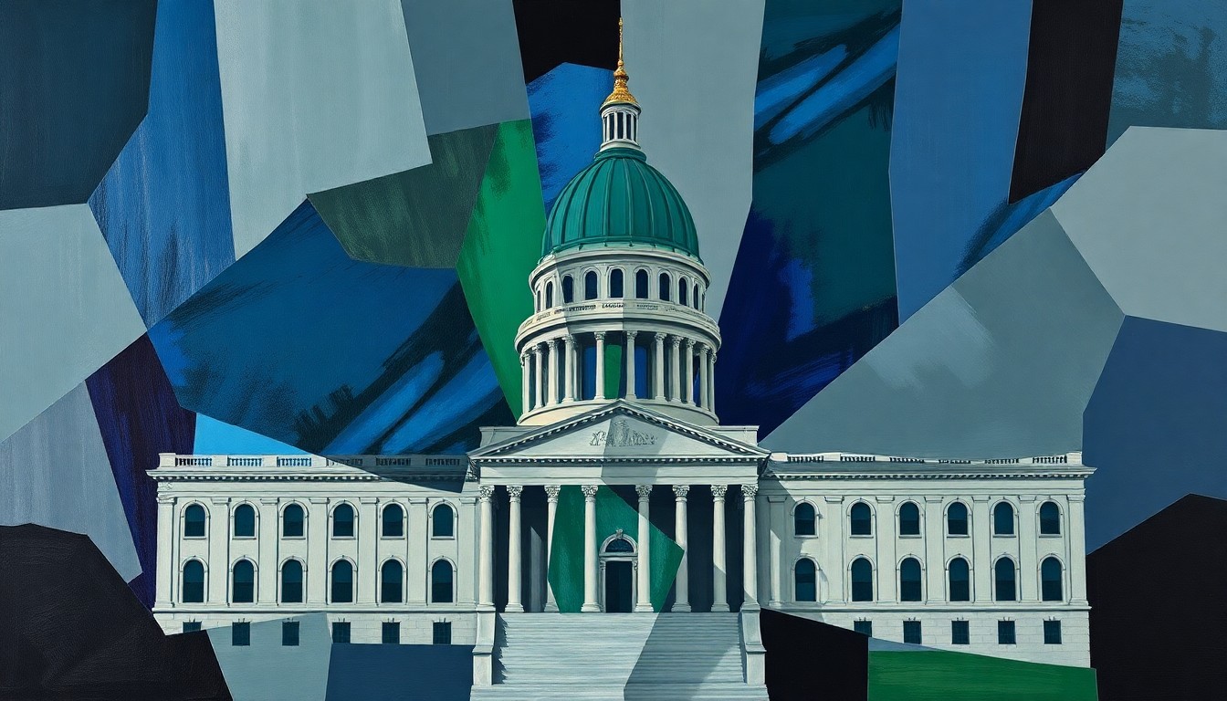 A dynamic, abstract painting featuring overlapping geometric shapes and waves of color in shades of blue, green, and grey, conceptually representing the chaotic and unresolved nature of New York's budget negotiations.