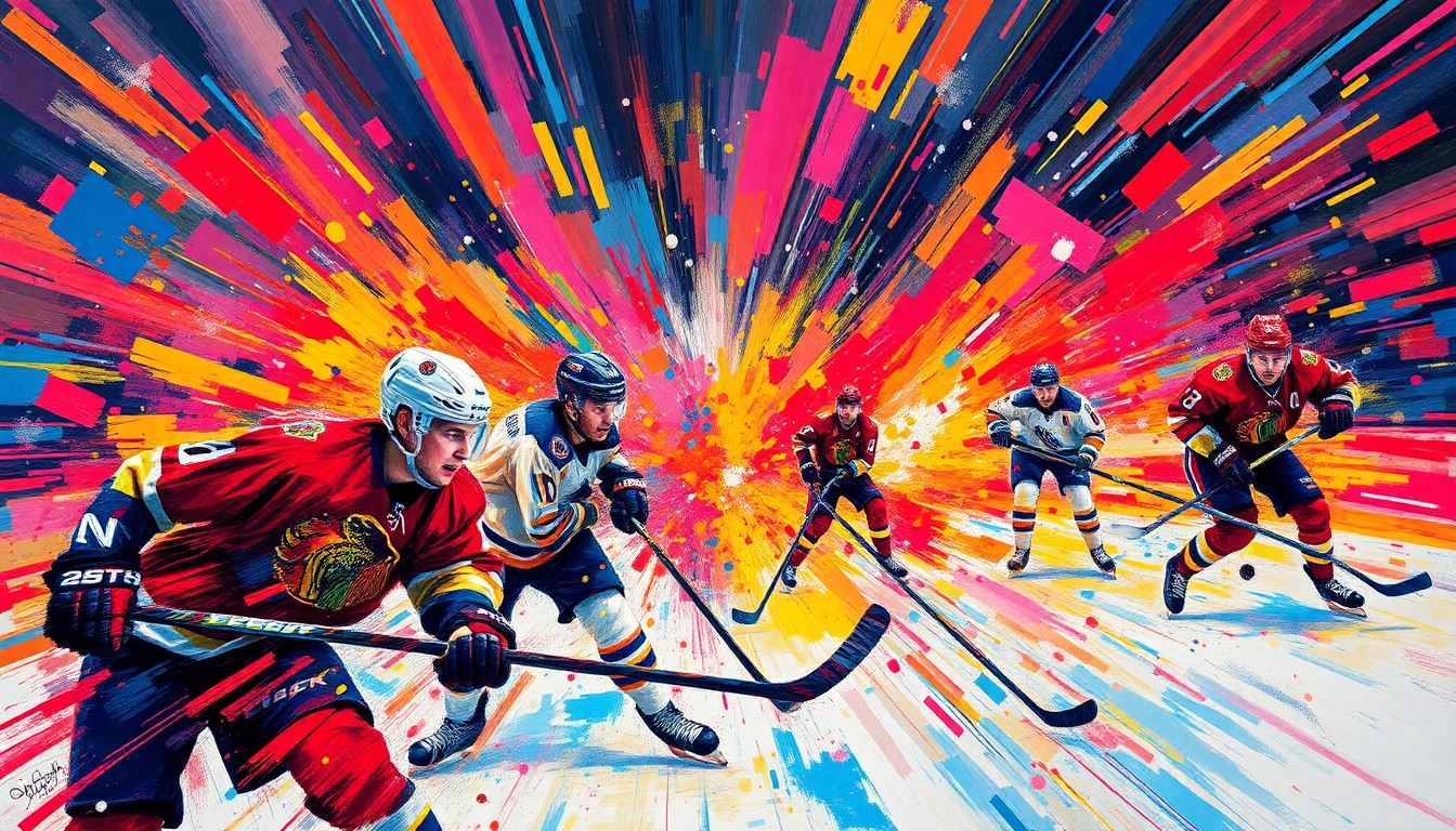 An abstract, expressionist painting featuring vibrant neon colors and rapid, energetic brushstrokes that capture the dynamic movement and intensity of a professional ice hockey game, with players' forms dissolving into unrecognizable shapes and splatters.