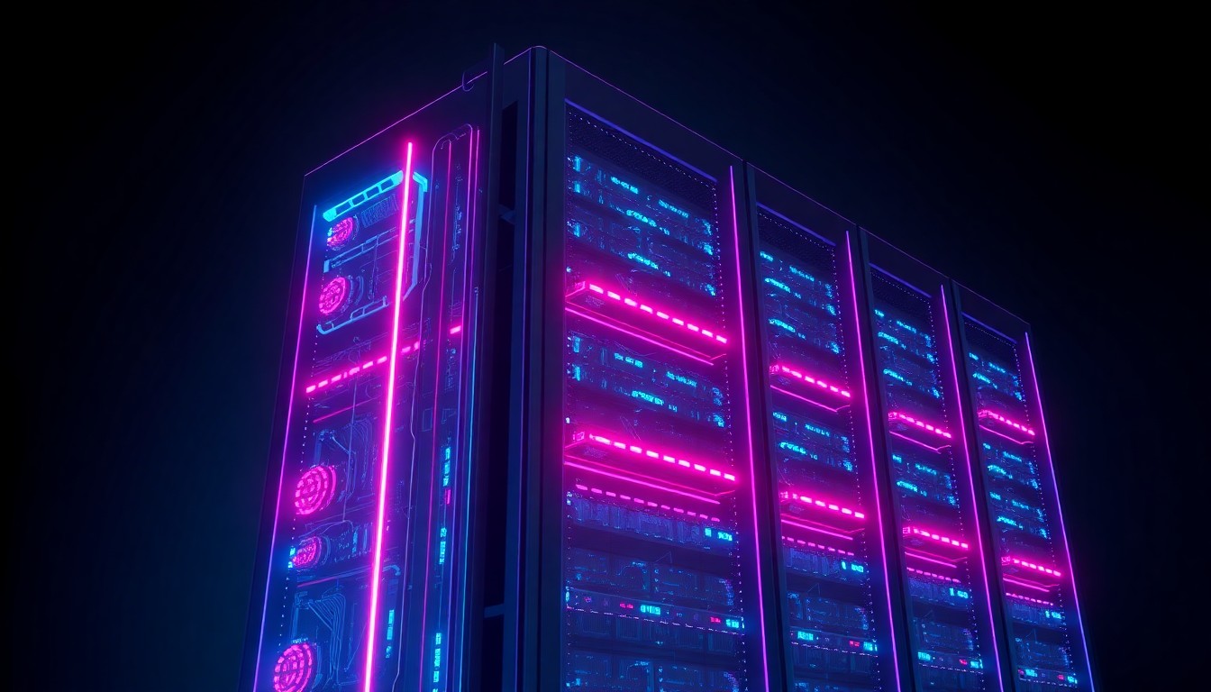 A towering, futuristic data center structure illuminated by pulsing neon lights, representing the power demands and environmental impact of modern digital infrastructure.