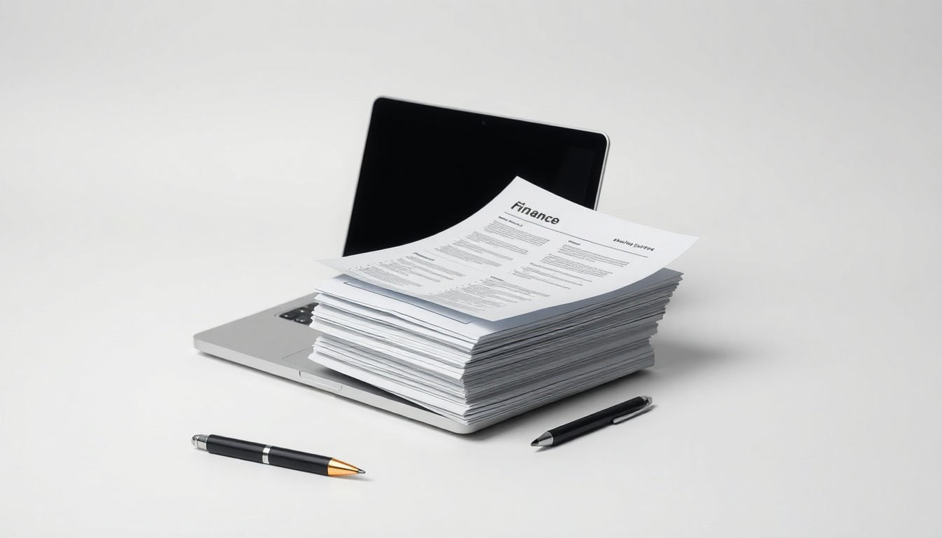 A photorealistic studio still-life featuring a stack of financial documents, a laptop, and a pen on a clean, monochromatic background, conceptually representing the business of college sports and the influence of private equity.