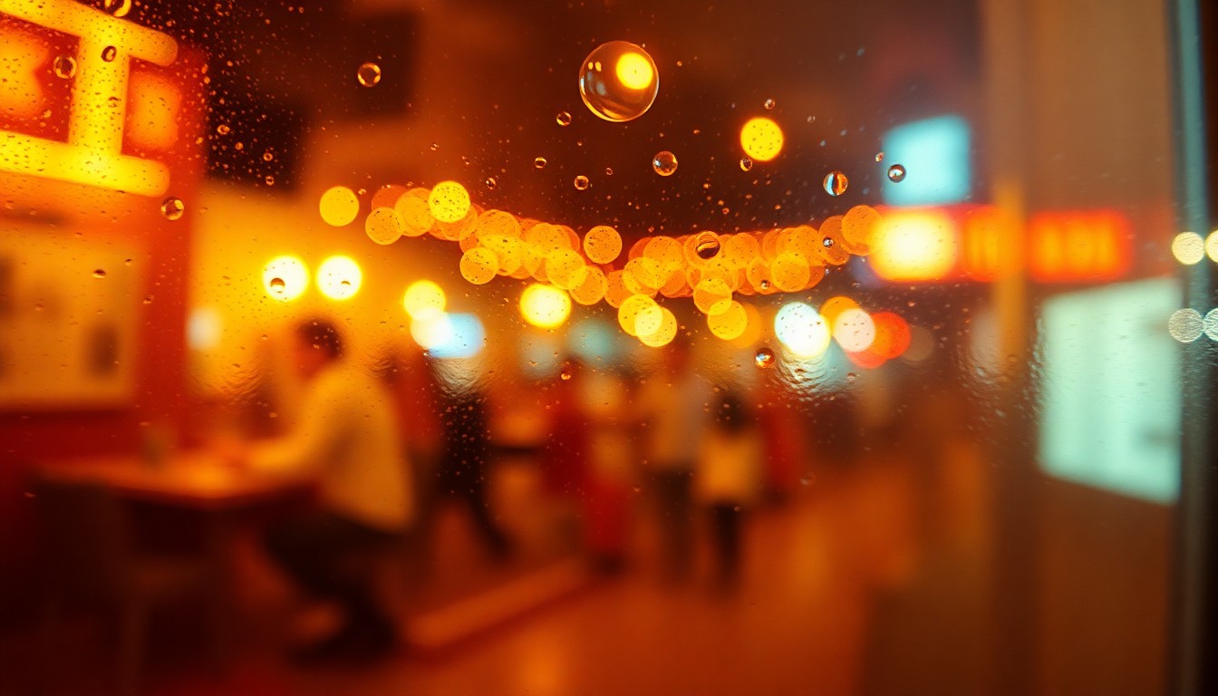 An abstract, impressionistic photograph featuring blurred, warm-toned shapes and colors that evoke the mood and emotions of a disrupted comedy show experience, without depicting any specific people, places or objects.