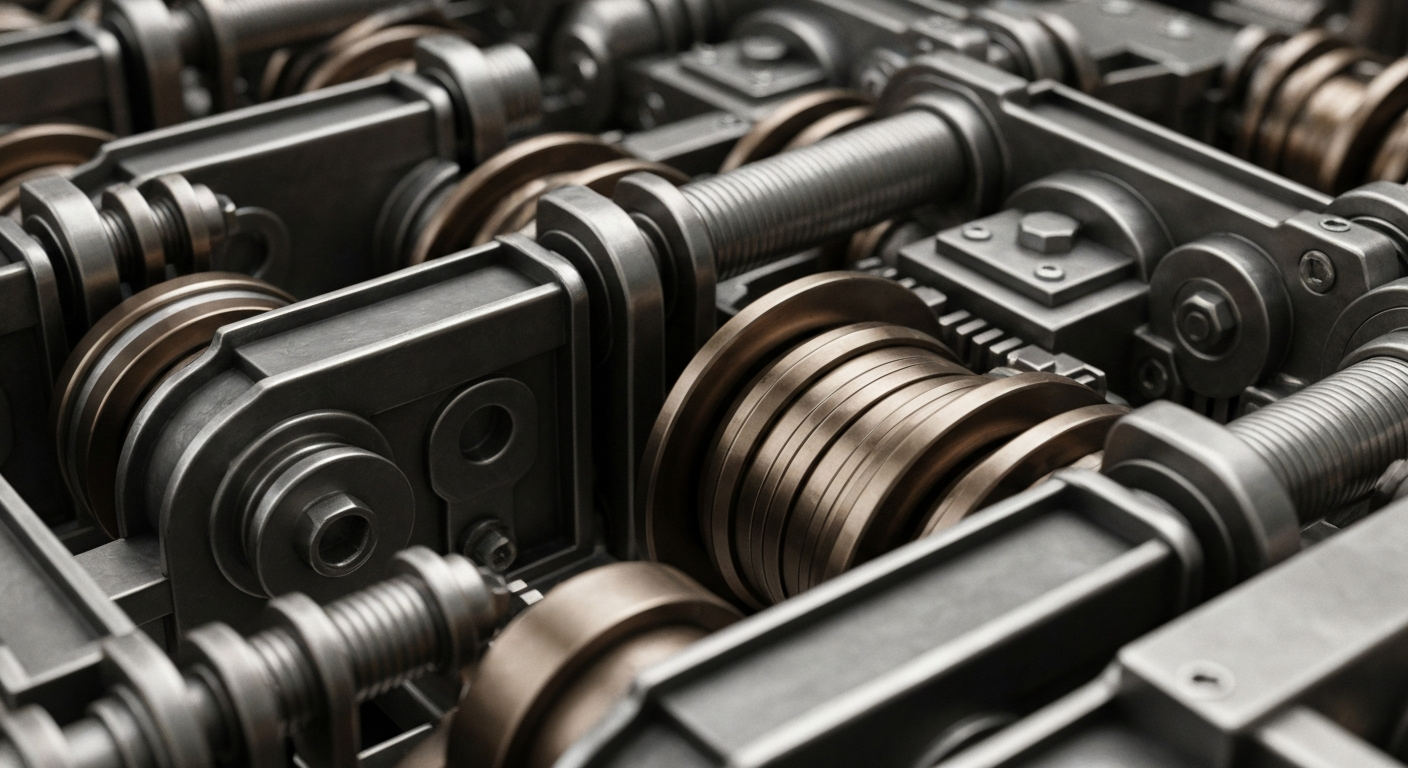 An extreme close-up of complex, interlocking gears and levers in a banking vault, conveying a sense of institutional strength and economic security through industrial design.