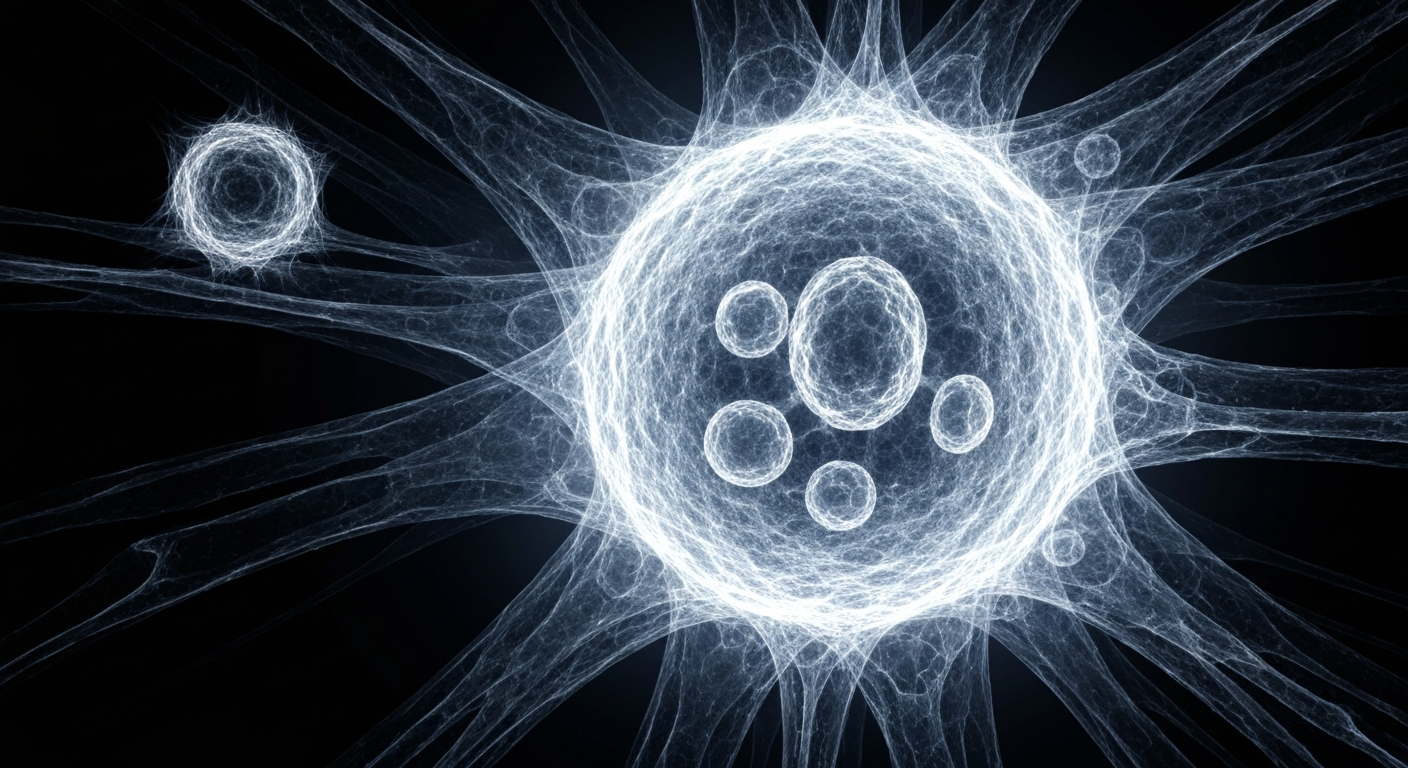 An extreme close-up macro X-ray photograph revealing the intricate internal structure of a cancer cell, glowing with a ghostly, translucent quality against a dark background, conceptually representing the innovative cell-based immunotherapies Anixa Biosciences is developing.