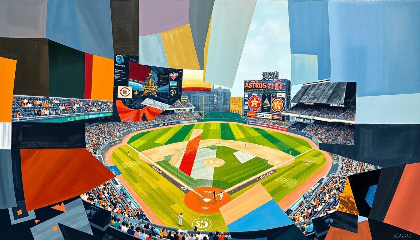 A fragmented, geometric painting depicting the dynamic action of a baseball game, with players and the field rendered in sharp, overlapping shapes and planes of color.