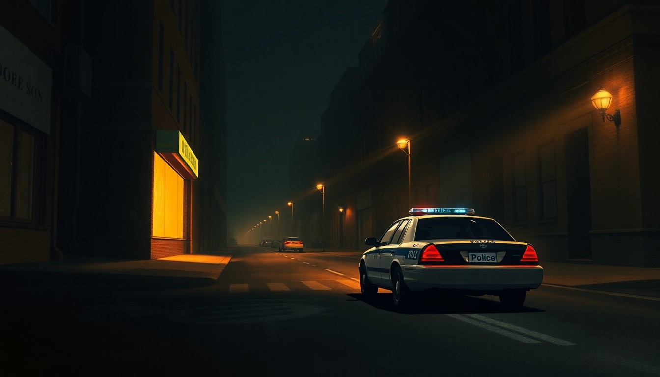 A photorealistic painting of a lone police car parked on a shadowy urban street, the vehicle's lights casting a warm glow across the pavement. The scene evokes a sense of quiet contemplation and the tensions underlying the political debate.