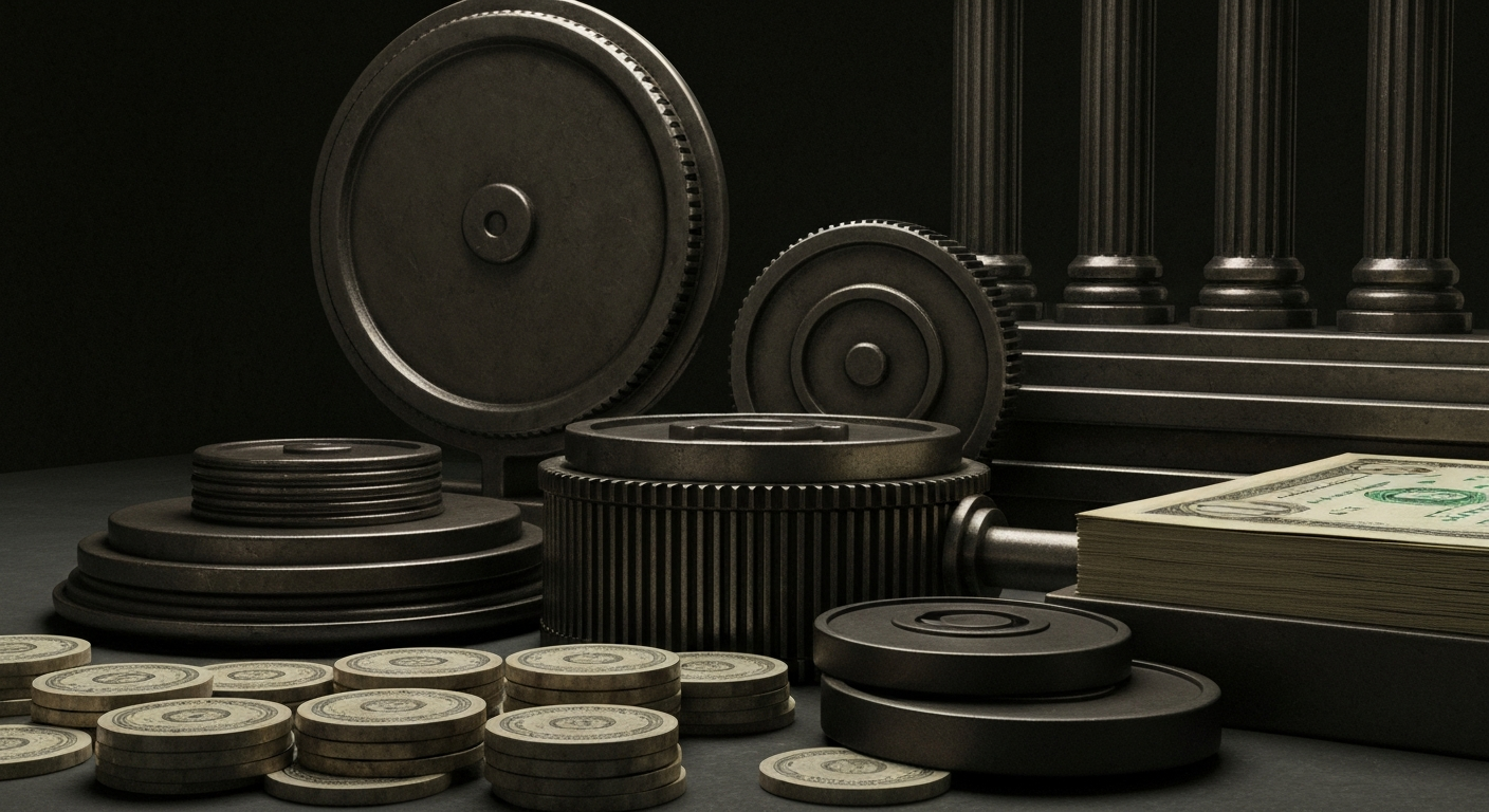 An extreme close-up of intricate gears, levers, and mechanisms of a banking machine, conveying the complex financial infrastructure that underpins the global economy.