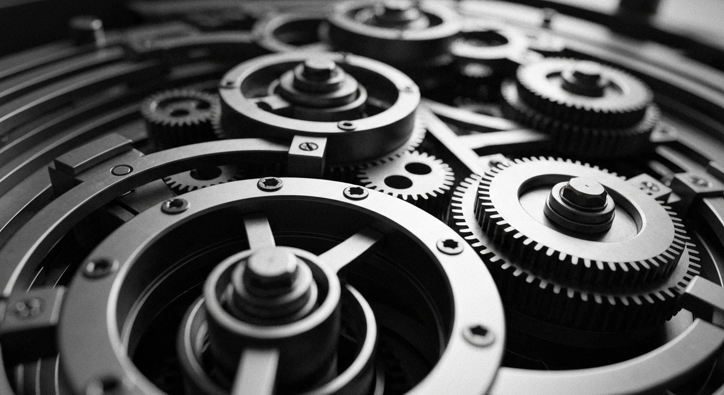 A close-up view of the intricate gears, levers, and components of a financial instrument, rendered in a stark, industrial black-and-white style that conveys the mechanical nature of institutional investing.