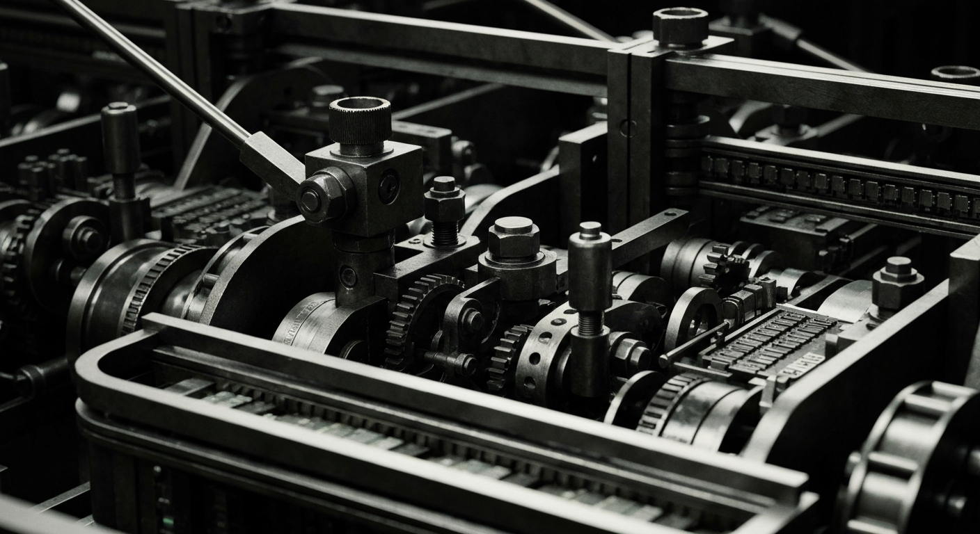 A close-up, high-contrast image of complex banking machinery and mechanisms, representing the institutional power and financial infrastructure of the banking industry.