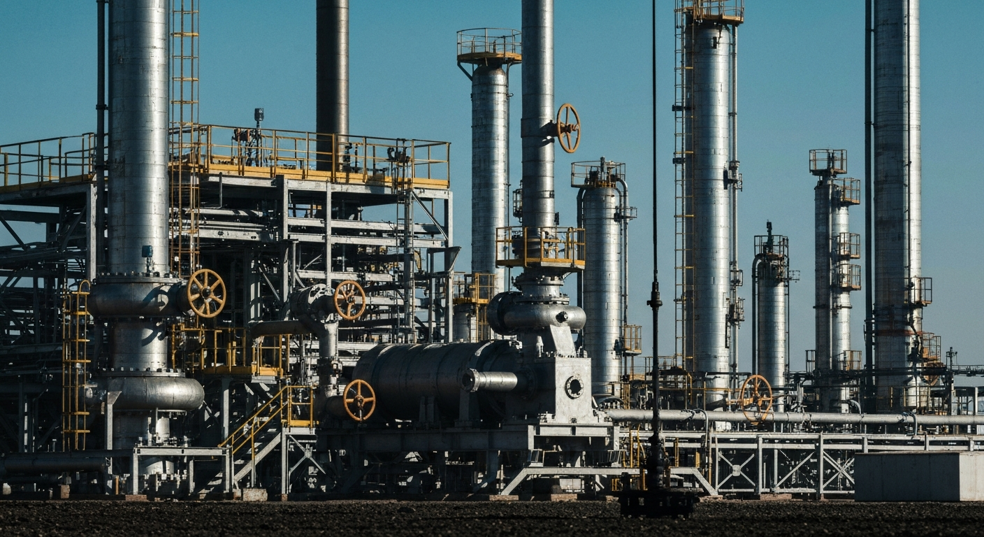 An extreme close-up of intricate, industrial oil refinery equipment and machinery, conveying the complex, physical nature of the global energy supply chain.
