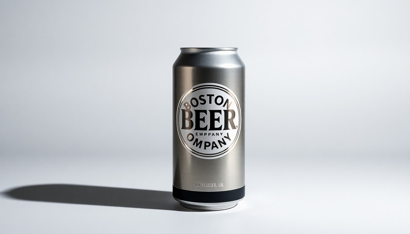 A photorealistic studio still-life photograph of a single, premium aluminum beer can with the Boston Beer Company logo, resting on a clean, monochromatic seamless background and dramatically lit to conceptually represent the company's financial and strategic challenges.