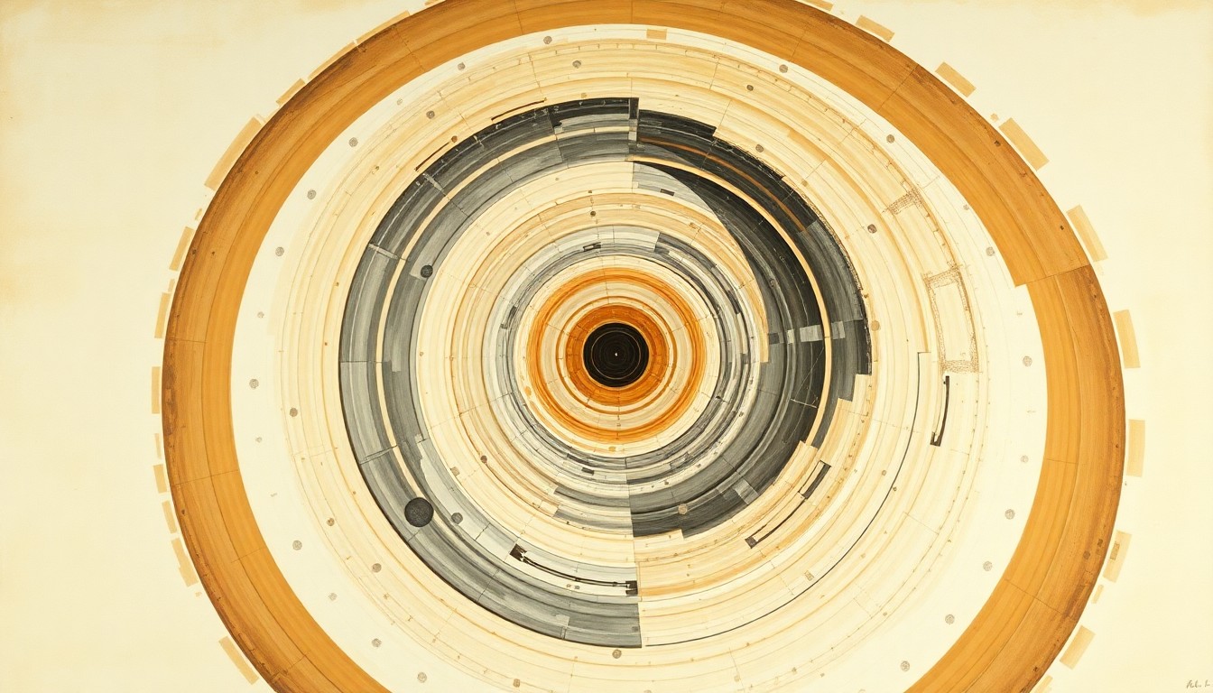 An abstract, highly structured painting in soft, earthy tones, featuring sweeping geometric arcs, concentric circles, and precise spirals, representing the complex evolution of photographic deception over time.