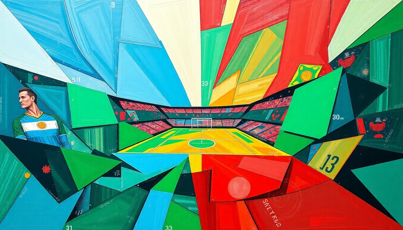 A cubist, geometric painting depicting an abstract soccer match, with overlapping planes of bright blue, green, and red shapes representing the dynamic action on the field.