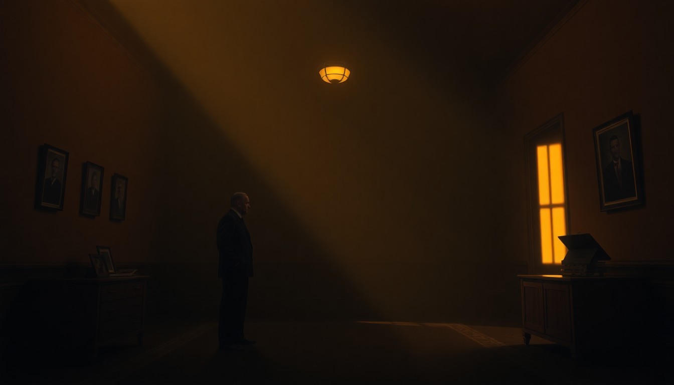 A solitary figure stands alone in a dimly lit government office, bathed in warm, diagonal sunlight and deep shadows, conceptually representing the quiet tensions of a shifting geopolitical landscape.