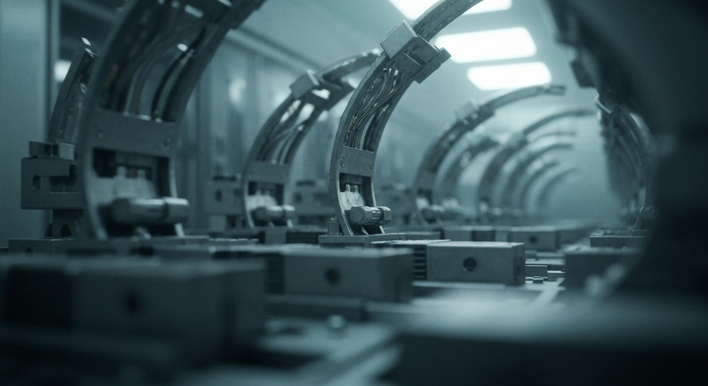 An extreme close-up of intricate, metallic machinery and gears, representing the complex financial infrastructure of the energy industry.