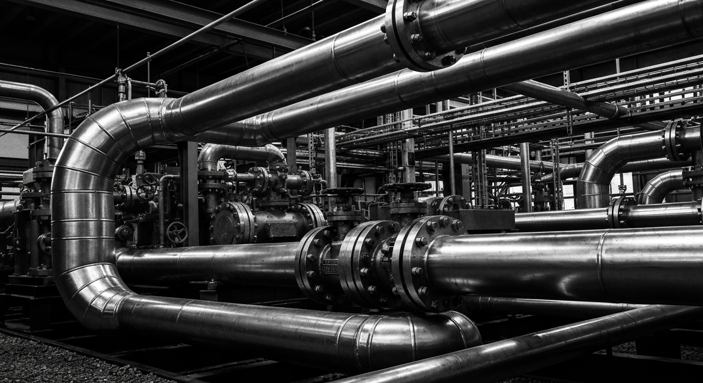 A high-contrast, black and white close-up image of the heavy, industrial equipment and pipes that make up the physical infrastructure of the midstream energy industry, conveying a sense of the scale, complexity, and importance of this sector.
