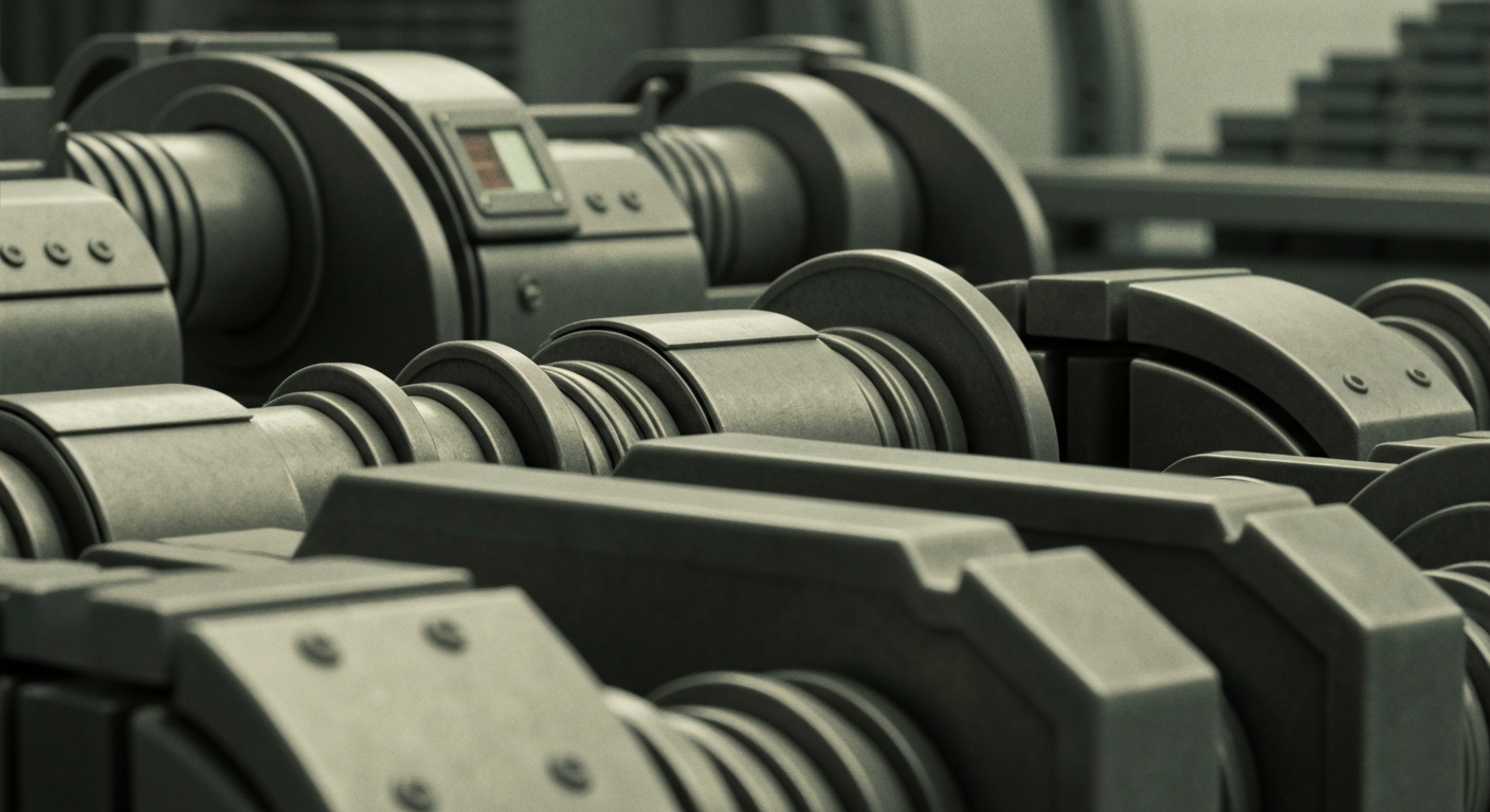 An extreme close-up of intricate, industrial banking machinery and equipment in muted, metallic tones, conveying the institutional power and financial security of the banking sector without using literal currency or charts.
