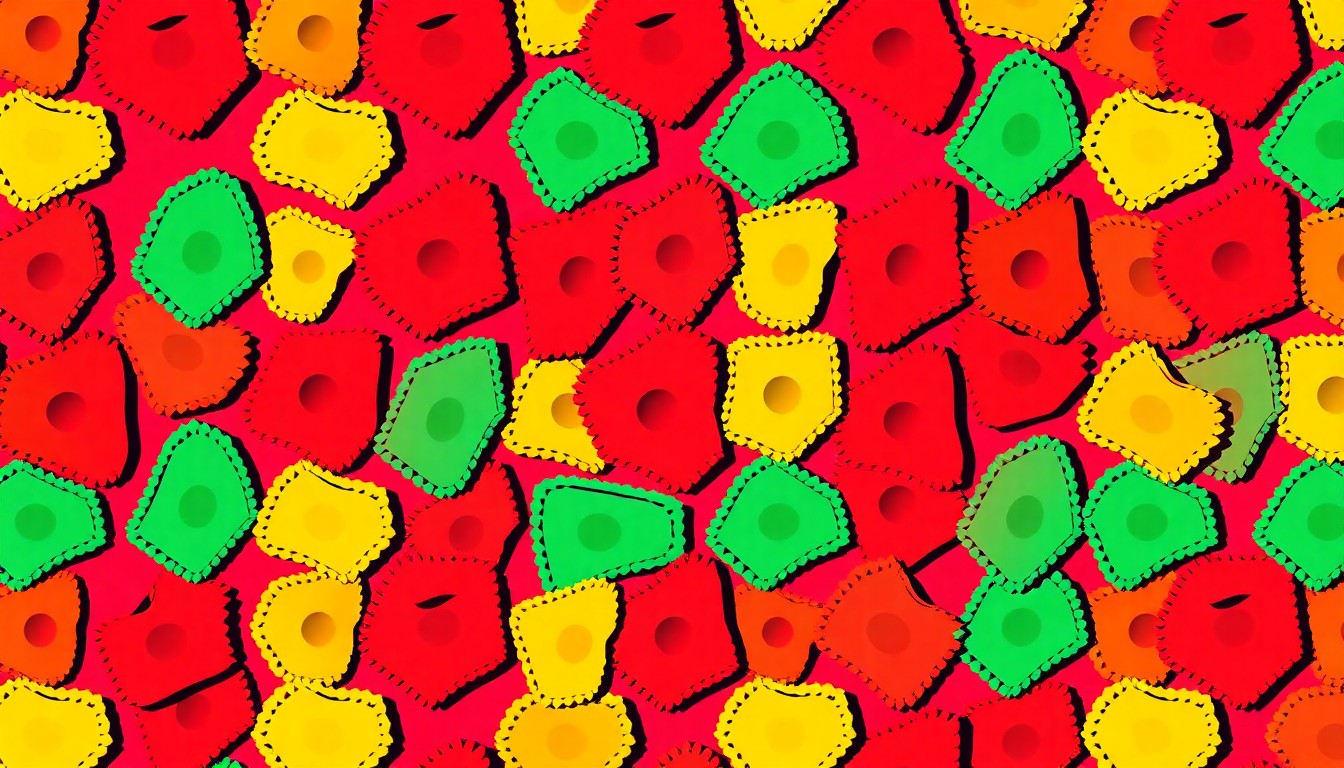 A high-contrast, silkscreen-style illustration of a single pasta shape repeated in a grid pattern, rendered in vibrant neon colors and heavy black outlines to create a modern pop art effect.