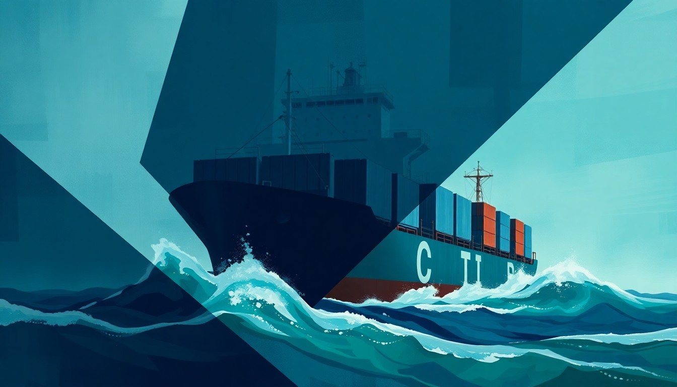 A dynamic, fragmented painting depicting the overlapping silhouette of a cargo ship tossed by choppy waves, rendered in a bold, abstract style that conveys a sense of tension and movement.