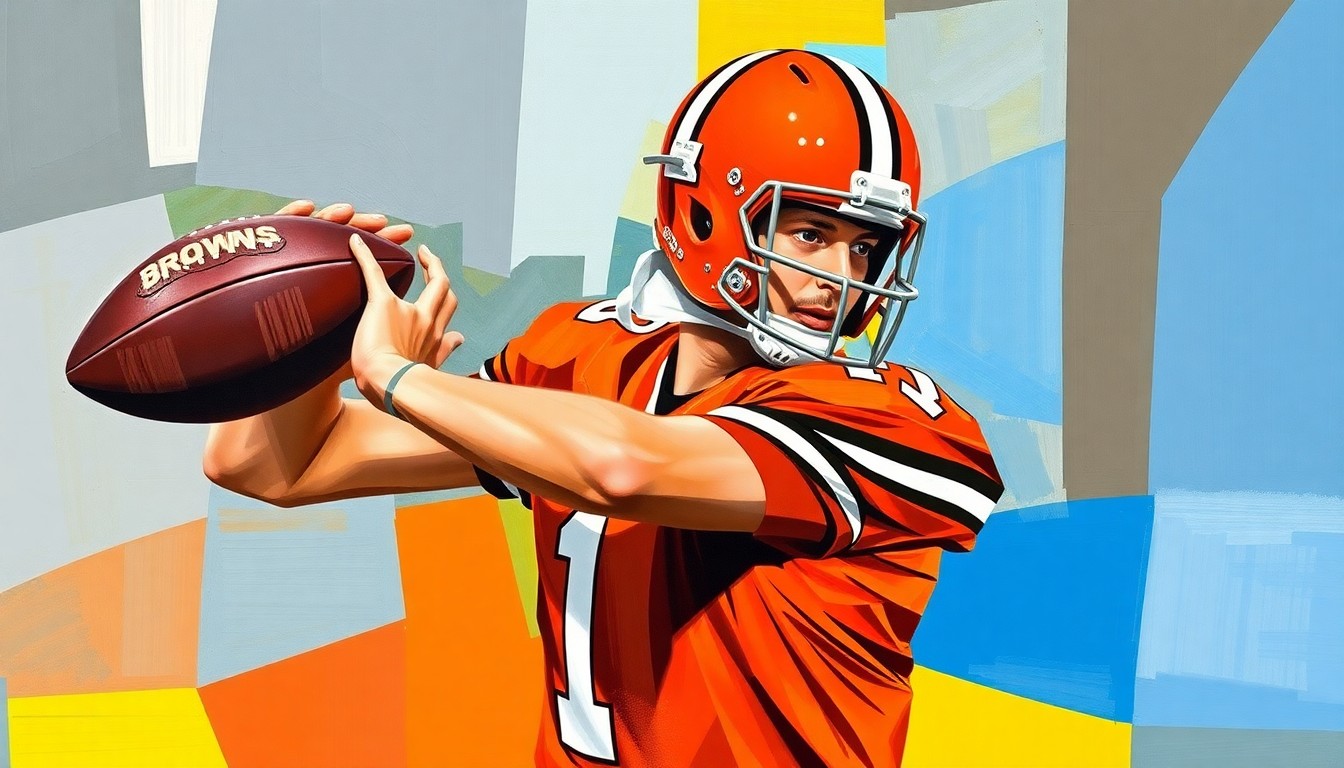 A fragmented, geometric painting depicting a quarterback in motion, with sharp planes of orange and brown representing the Cleveland Browns' uniform colors and the dynamic nature of the play.