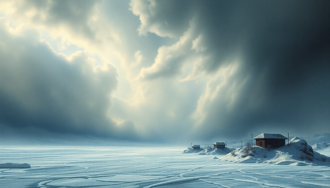A vast, atmospheric landscape painting in muted tones of grey, blue, and white, depicting a massive winter storm sweeping across a frozen expanse, with any physical structures or objects barely visible in the distance, conveying the overwhelming scale and force of the natural disaster.