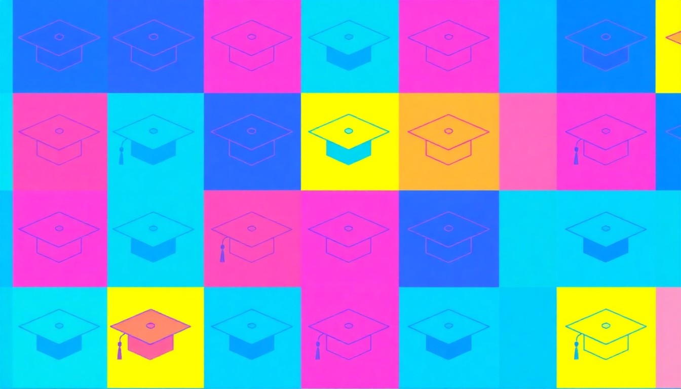 A brightly colored, abstract silkscreen illustration featuring a repeated icon of a graduation cap in a grid, using vibrant neon shades of blue, pink, and yellow to conceptually represent the energy and celebration of a university commencement ceremony.
