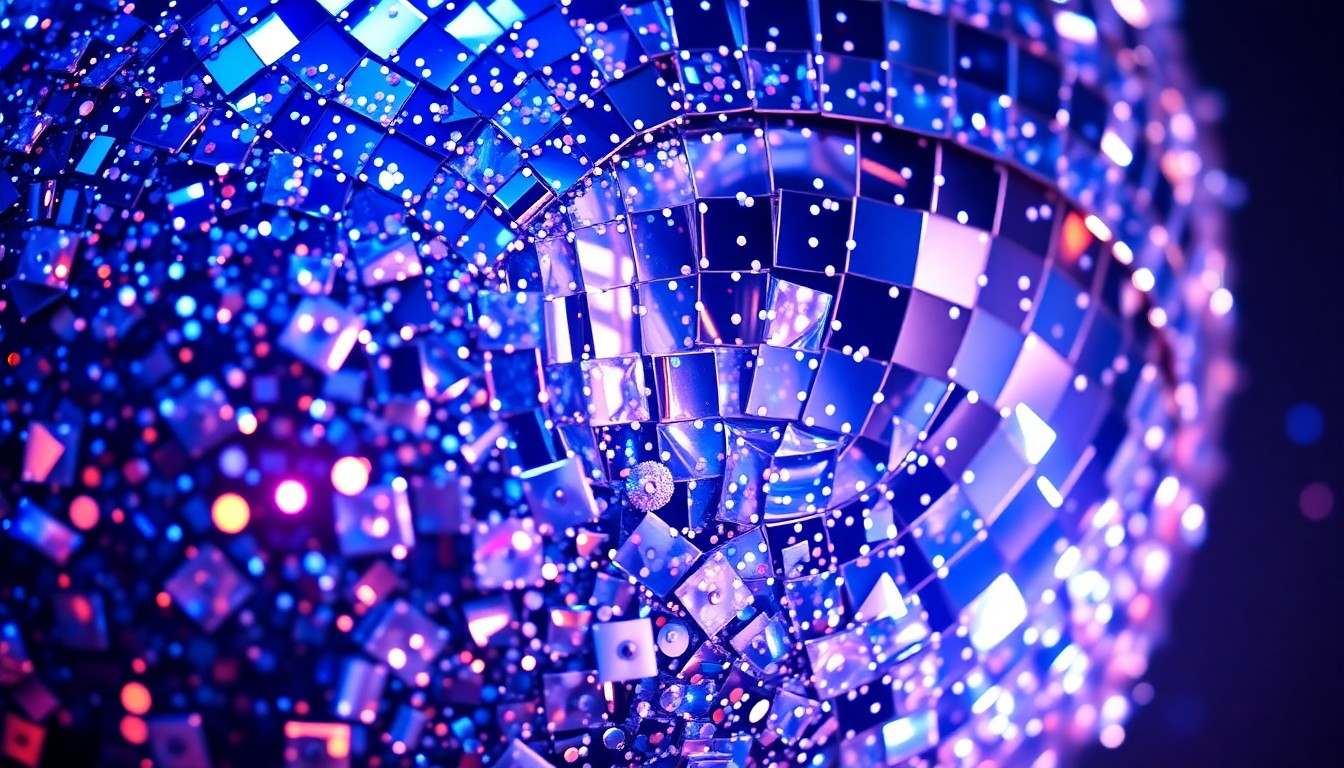 An abstract close-up photograph featuring a dramatic arrangement of shimmering sequins and shattered disco ball fragments, capturing the high-fashion glamour and energy of a pop music performance.