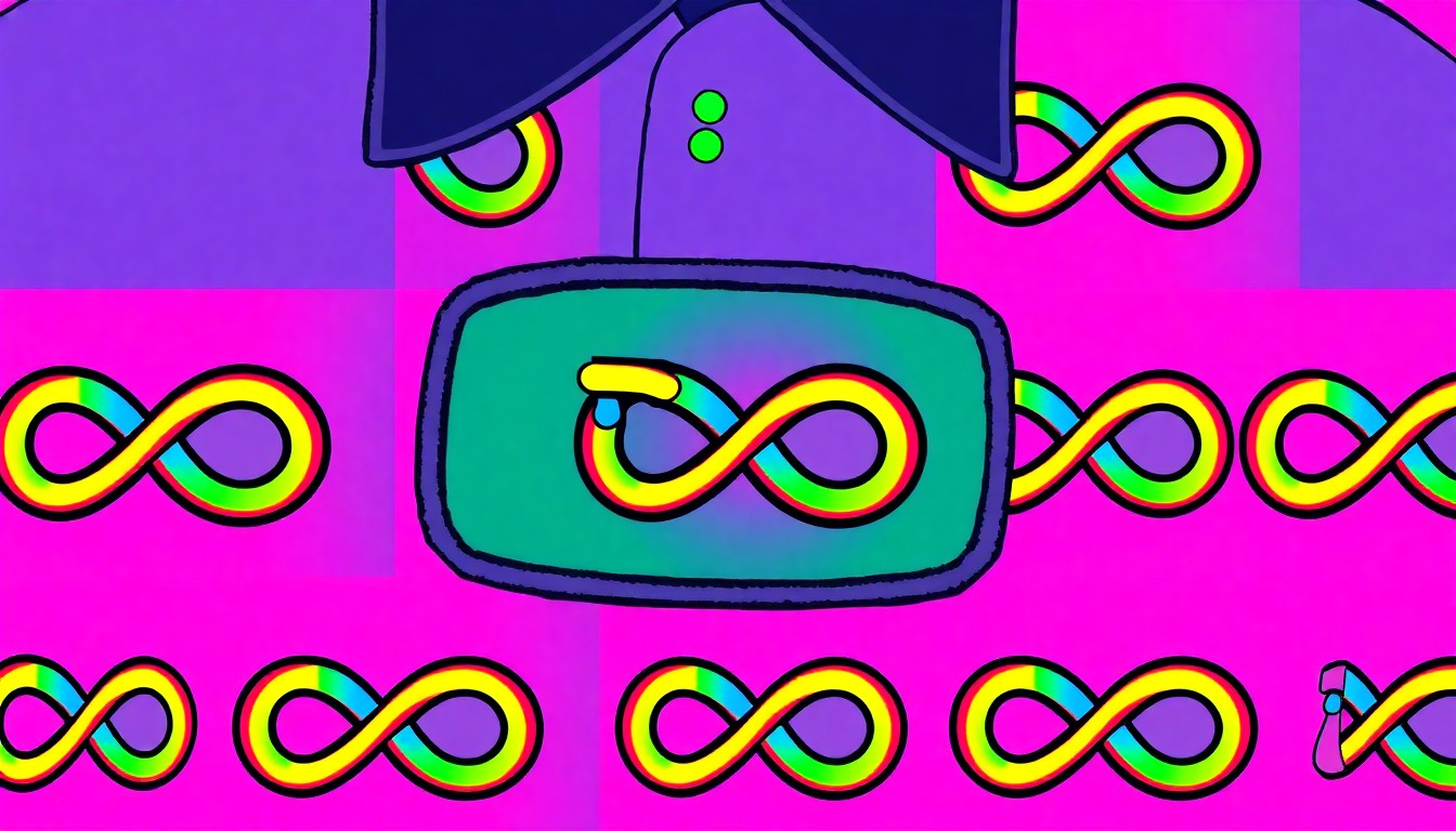 A highly stylized, abstract illustration featuring a repeating pattern of a police uniform patch with a rainbow infinity symbol, rendered in a vibrant, pop art-inspired color palette and visual style, conceptually representing the department's efforts to raise autism awareness.