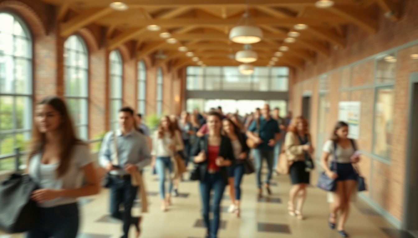 A softly blurred, impressionistic photograph in warm, earthy tones depicting the bustling activity of a university campus, with indistinct figures moving through the frame in a dreamlike manner, capturing the vibrant energy and welcoming atmosphere of the institution.