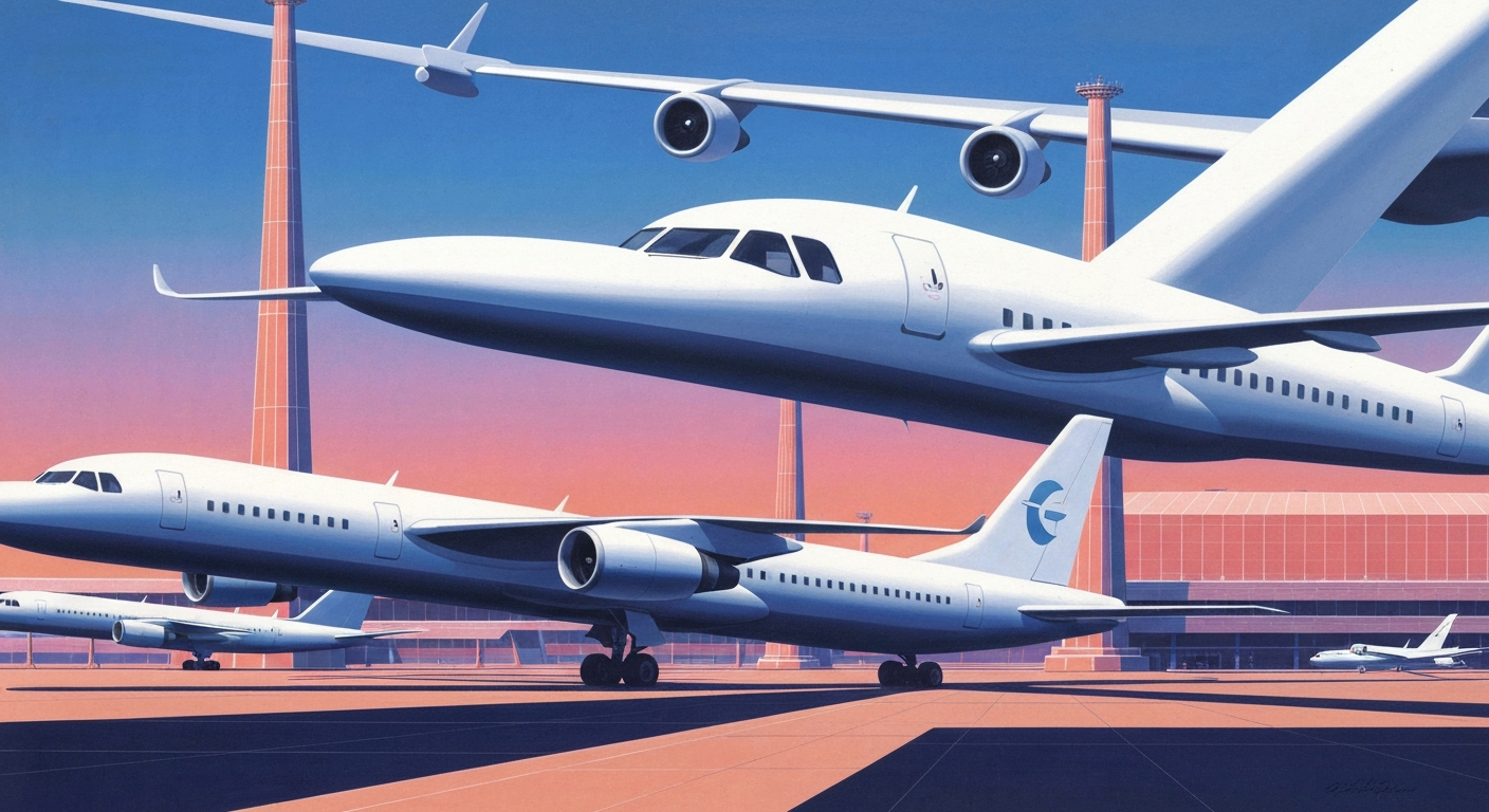 A bold, geometric illustration in shades of blue and silver depicting the sweeping, streamlined form of an aircraft against a backdrop of towering, abstract airport architecture, capturing the grand scale and romance of air travel.