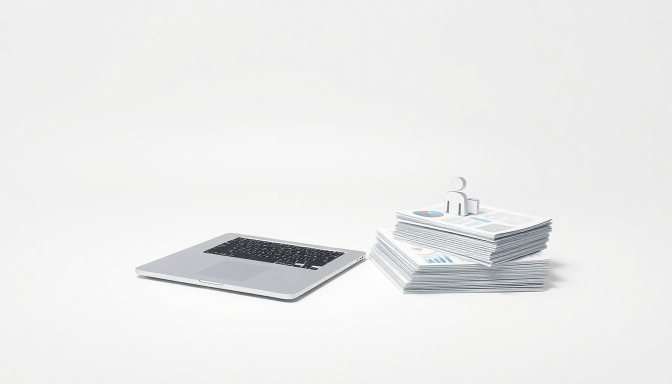 A high-end, photorealistic studio still life featuring a sleek laptop, stylized human figure icon, and data reports, all arranged elegantly on a clean white background to symbolize the abstract concepts of enterprise data analytics and workforce intelligence.