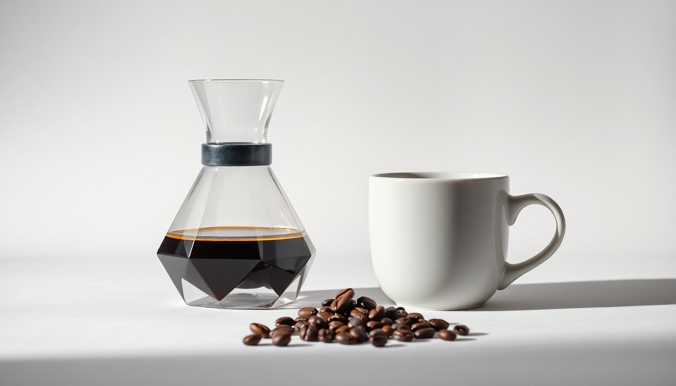 A high-end, photorealistic studio still-life photograph featuring a polished, geometric glass coffee carafe, a freshly roasted coffee bean, and a minimalist white ceramic mug on a clean, monochromatic seamless background, conceptually representing the attention to detail and craftsmanship in the specialty coffee industry.
