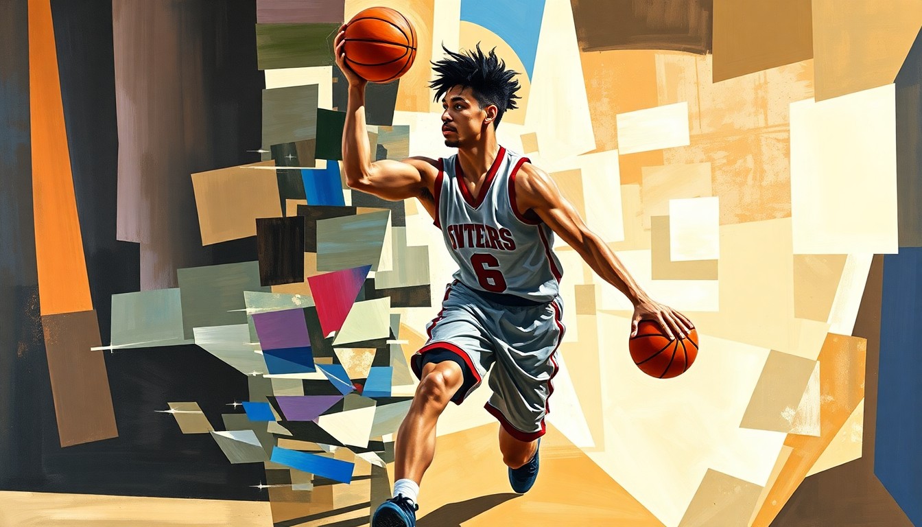 A cubist, geometric painting depicting the dynamic movements and energy of a high school basketball player, with their face and jersey obscured in the fractured, overlapping planes of color and shape.