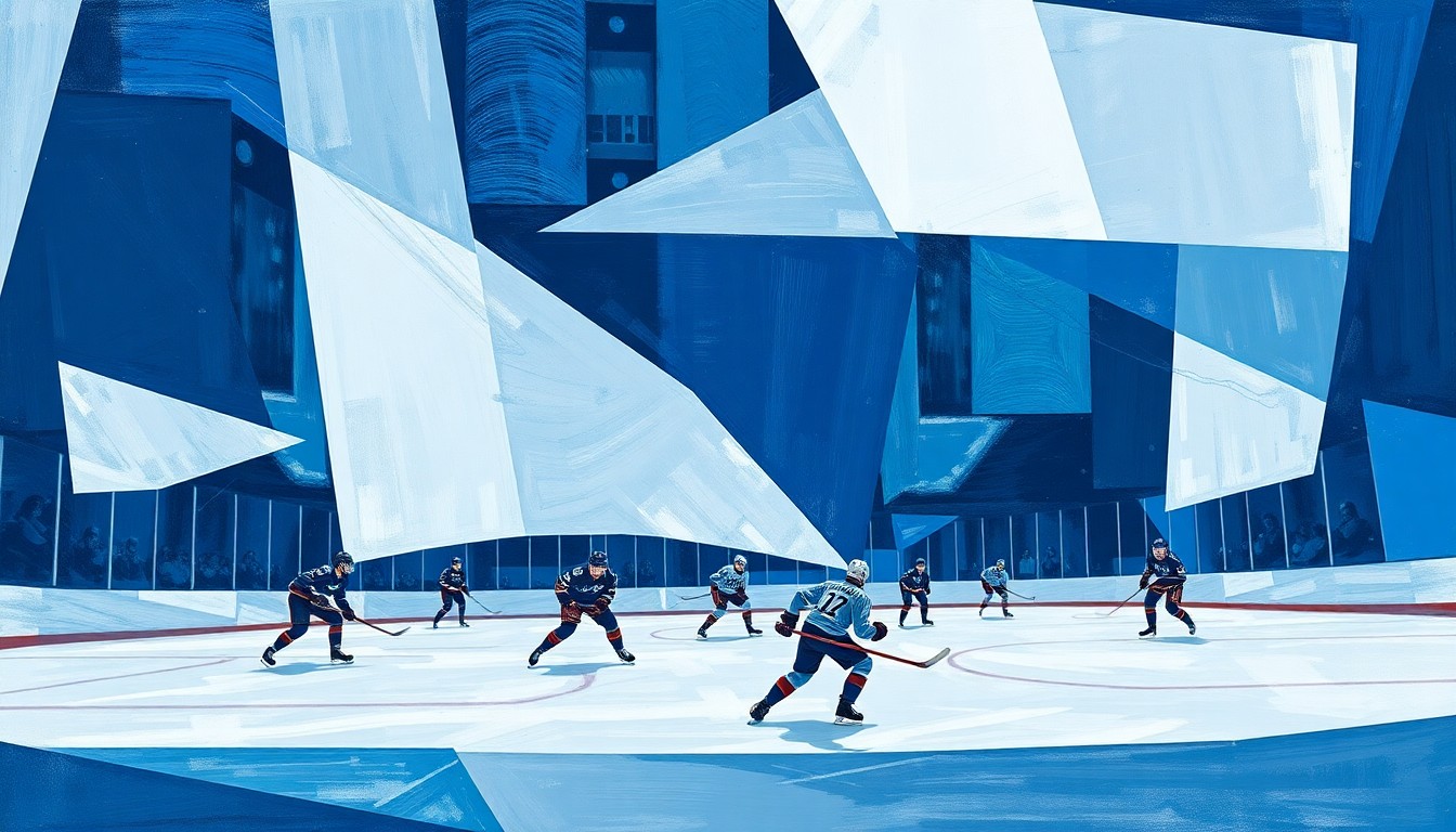 A fragmented, geometric painting depicting a hockey game, with the players and ice broken down into sharp, overlapping shapes in shades of blue, white, and gray.