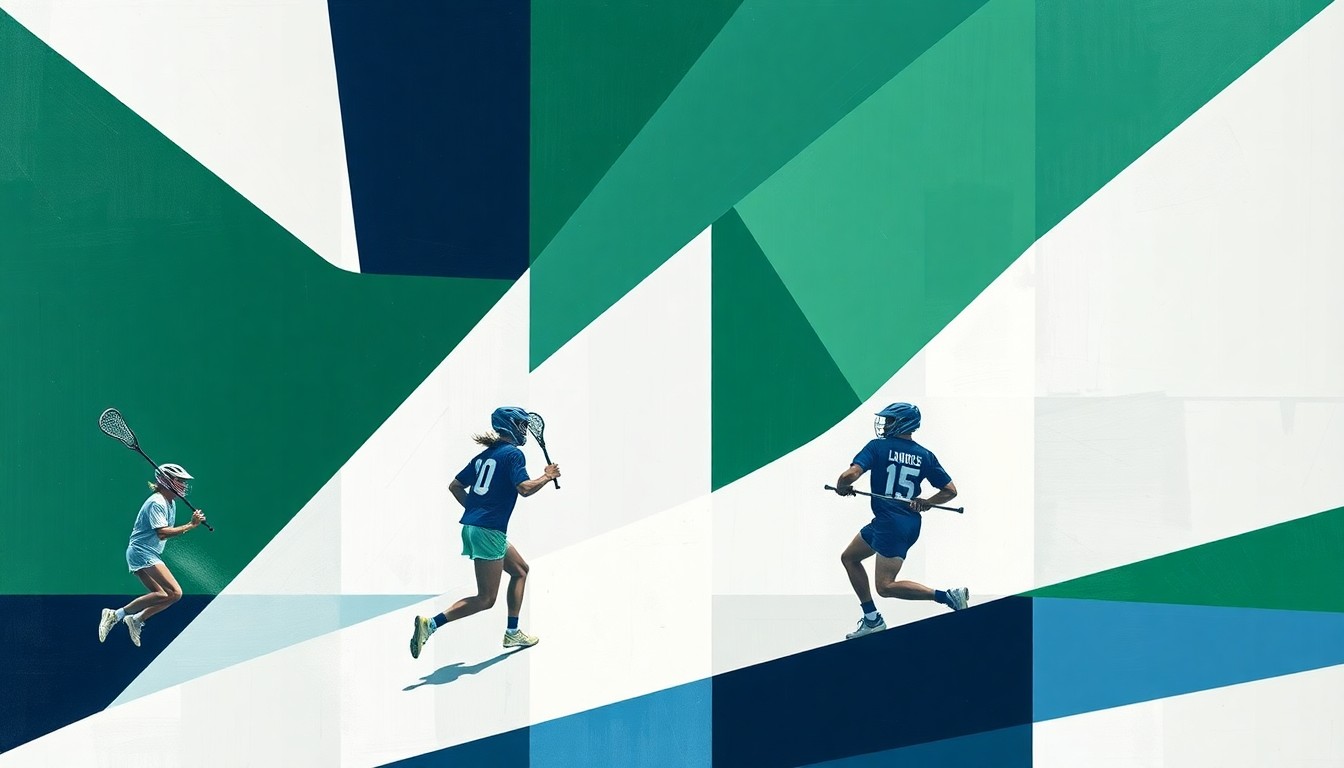 A cubist, fragmented painting depicting a high school lacrosse game, with sharp, overlapping shapes in shades of green, blue, and white, conceptually representing the enduring legacy of the team's championship win.