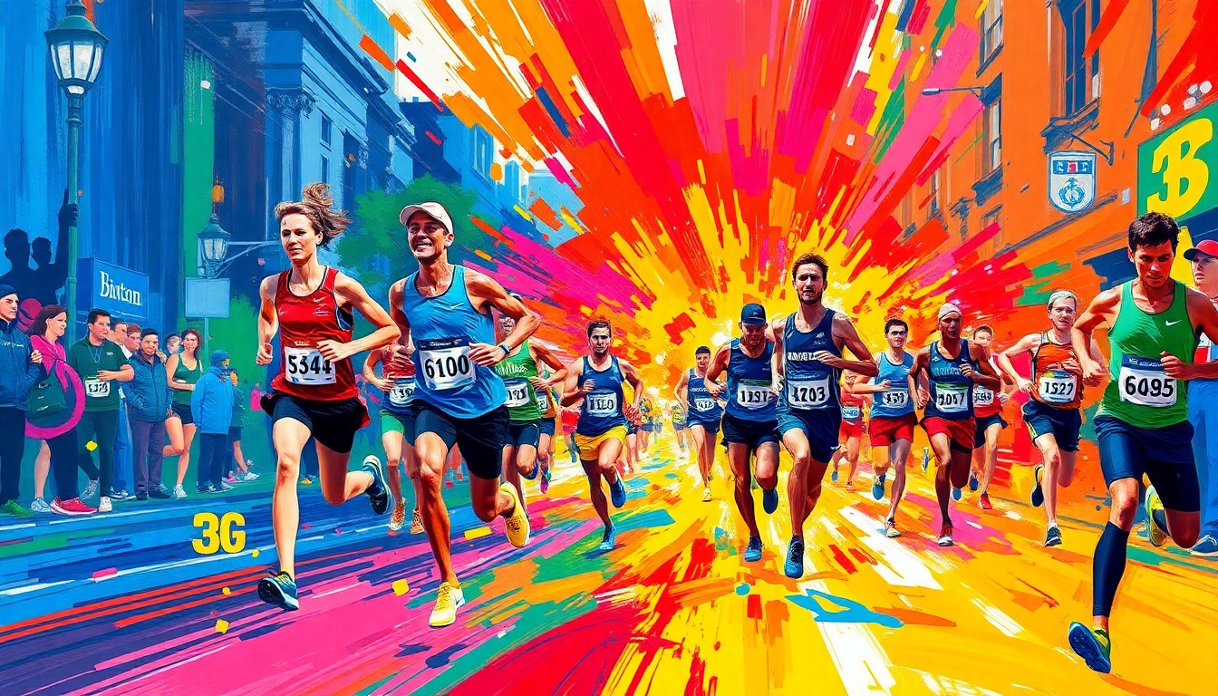 An abstract painting with bold, sweeping brushstrokes in neon shades of pink, orange, and blue, conveying the raw emotion and kinetic energy of runners competing in the Boston Marathon.