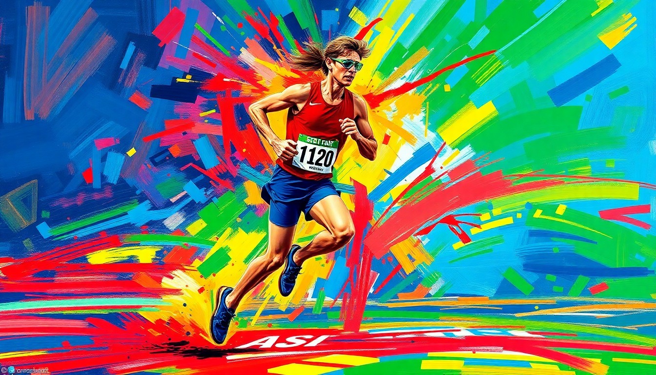 A dynamic, abstract painting in neon colors and bold brushstrokes, capturing the intense motion and energy of a marathon runner, representing the triumphant comeback of Bill Starz after his 2022 accident.