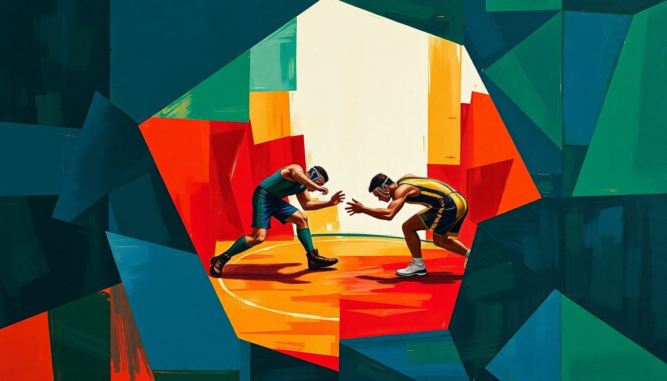 A cubist-style painting featuring overlapping geometric shapes and planes in navy, green, and red, conceptually representing the dynamic movements and intense competition of a high school wrestling match.