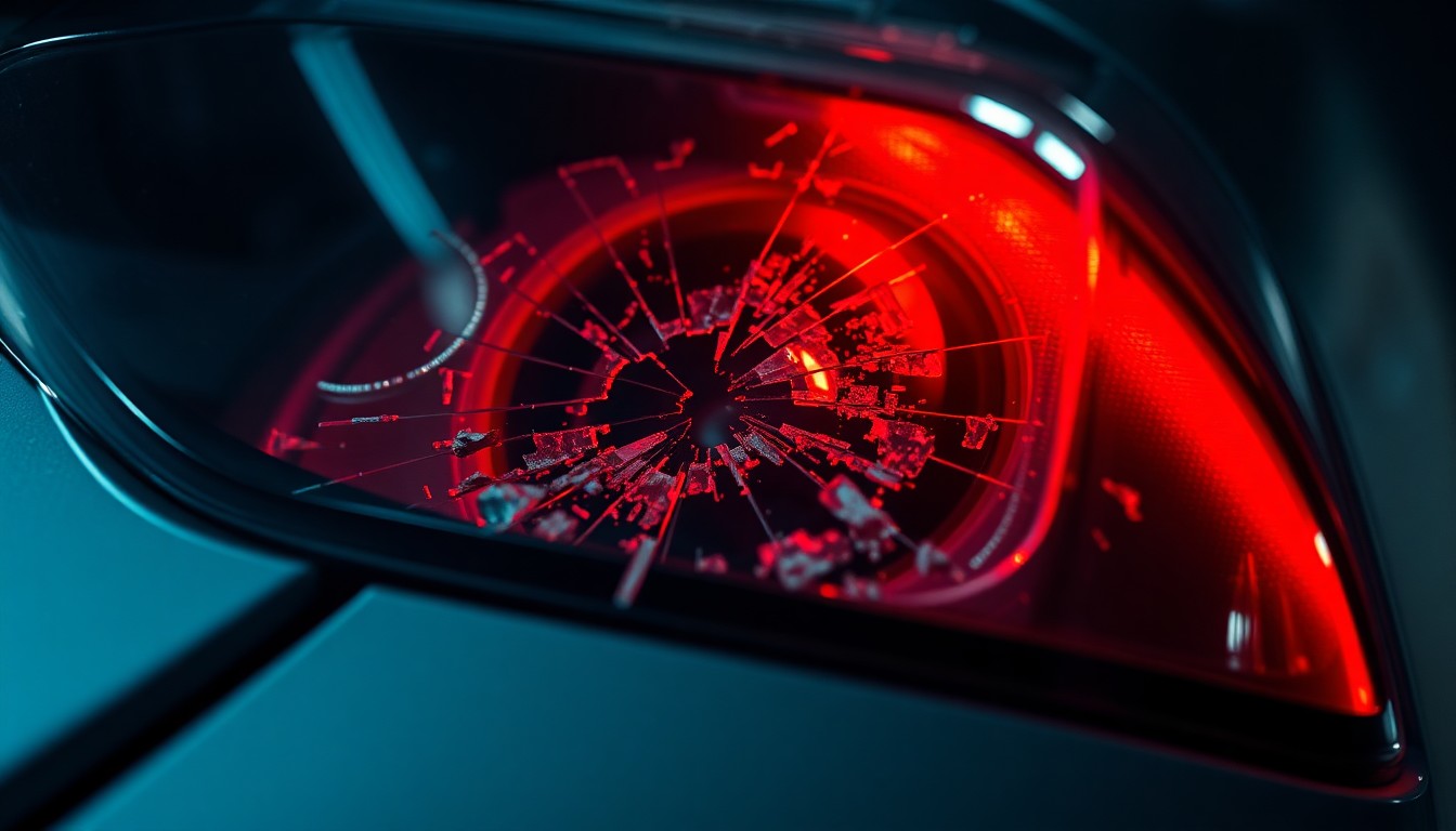 An extreme close-up photograph of a shattered car sensor lens reflecting a faint red light, conceptually representing the aftermath of a vehicle vandalism incident.