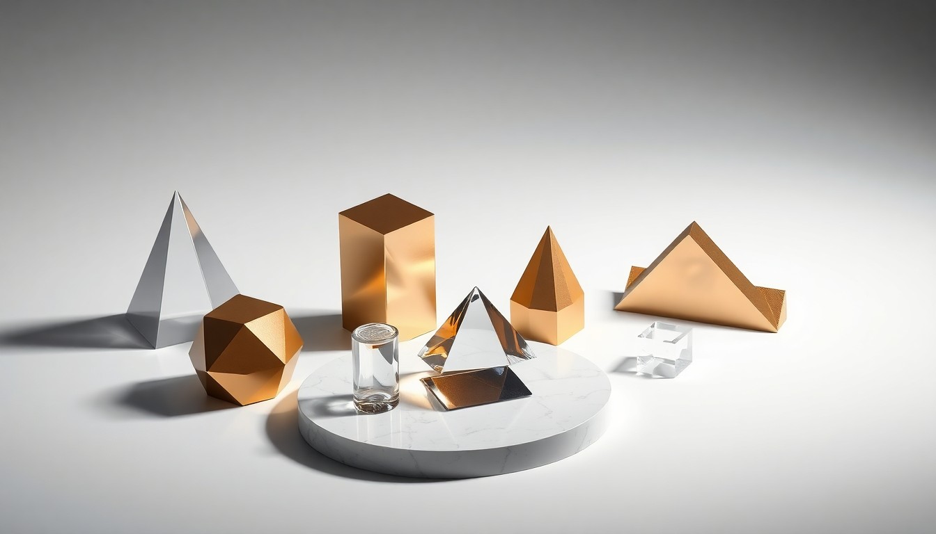 A minimalist, high-end studio photograph featuring a collection of sleek, geometric objects arranged on a clean, monochromatic background, symbolizing the abstract concepts of data analytics and corporate strategy.