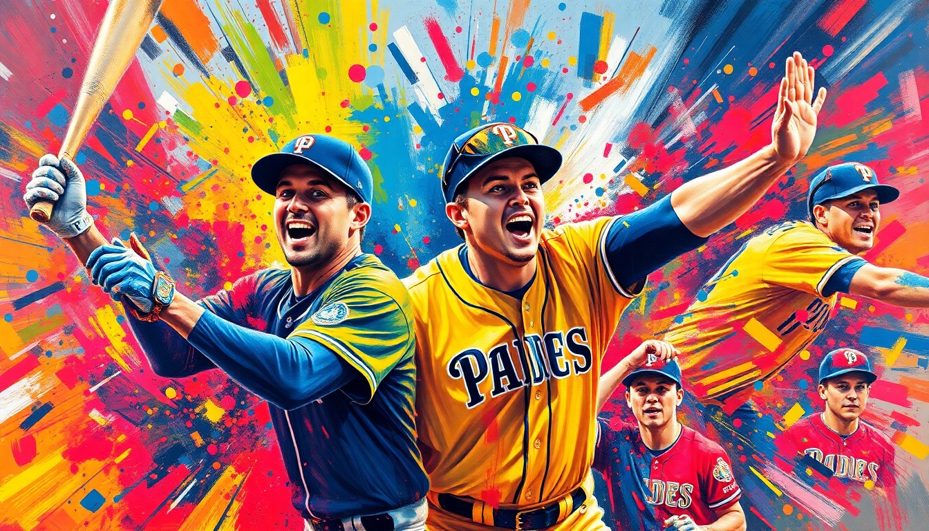 An abstract expressionist painting in neon colors, with blurred baseball players and action dissolving into vibrant brushstrokes, capturing the energy and momentum of the Padres' 8-game winning streak.
