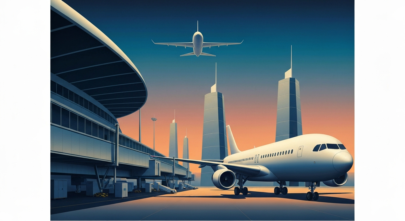 A bold, geometric illustration in shades of blue and silver, depicting the grand scale and sweeping architecture of an airport terminal with a towering, streamlined aircraft in the foreground, conceptually representing the luxury of air travel booked through points and miles.