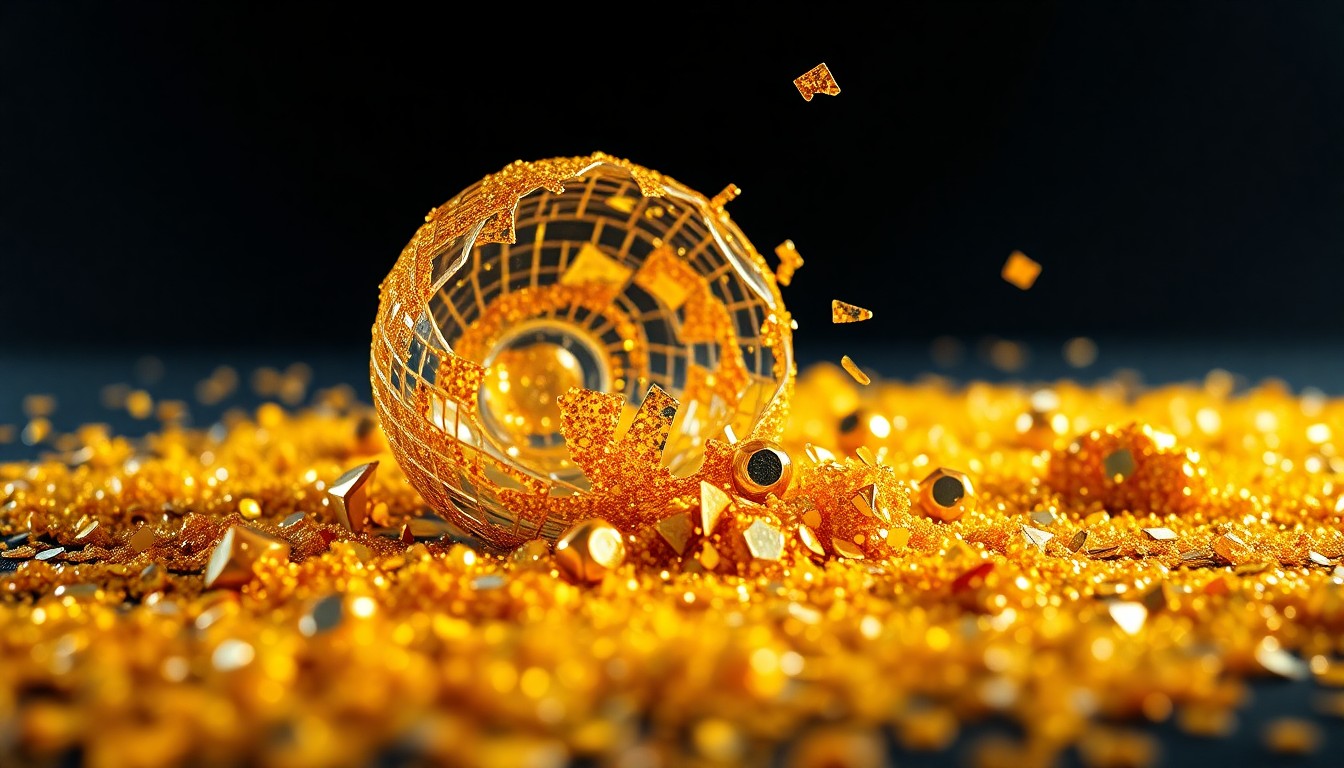 An extreme close-up of shimmering gold sequins and shattered glass, capturing the glamorous, high-energy aesthetic of early 2000s pop music.