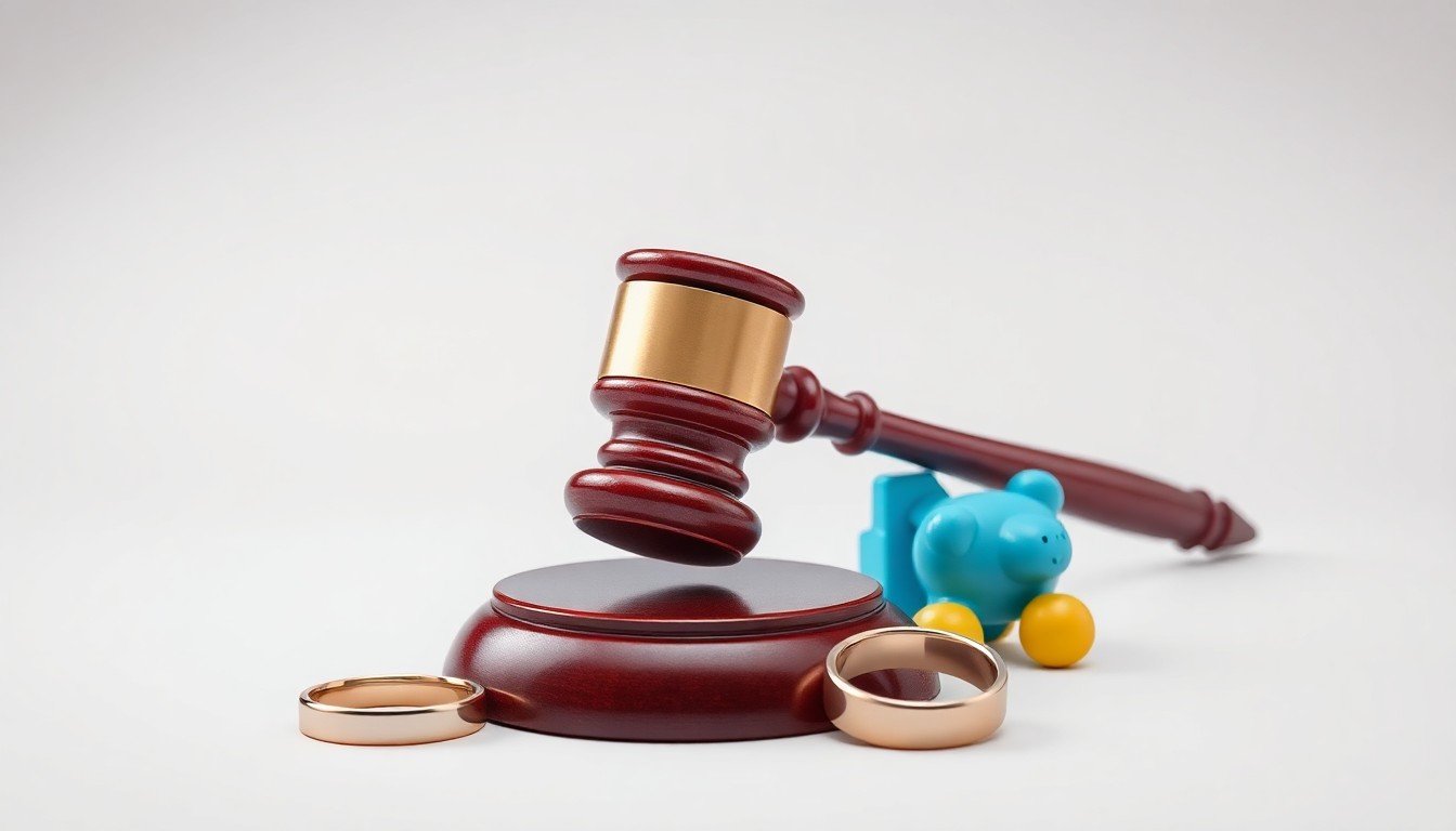 A high-end, photorealistic studio still-life photograph featuring a gavel, a wedding ring, and a child's toy arranged elegantly on a clean, monochromatic background, conceptually representing the intersection of family law, personal relationships, and the wellbeing of children.